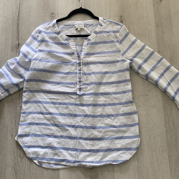 Grand & Greene Blue Stripe Linen Blouse L nautical white blue roll up sleeves - Picture 7 of 11